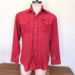 80's Western Wear Shirt - Snap Pearl Buttons Montgomery Wards - Red & Blue Check